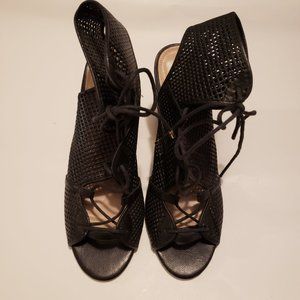 ALDO Women's Alicya Lace-Up Wood Block-Heel Sandals Black Open Peep Toe 10 EUC